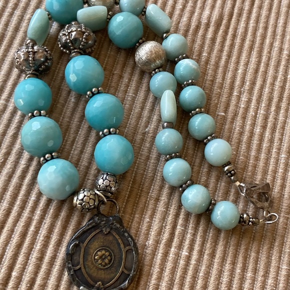 NWT Amazonite & Sterling Silver Necklace with Channel Set Coin Brass Pen… - Picture 3 of 10